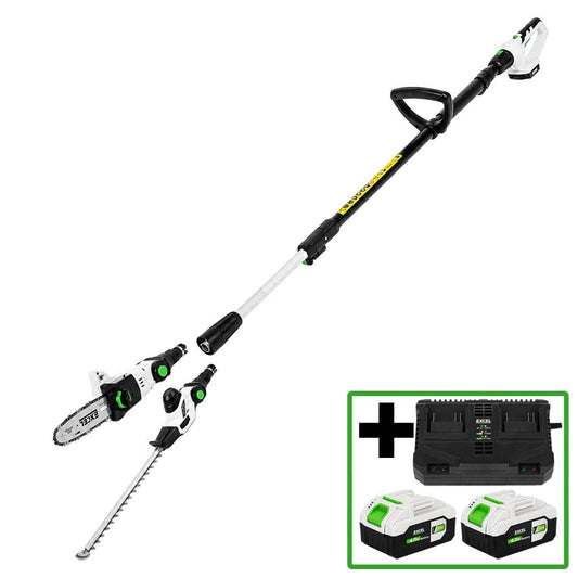 Excel 20V 2-in-1 Pole Hedge Trimmer & Chainsaw with 2 x 4.0Ah Batteries & Dual Port Charger
