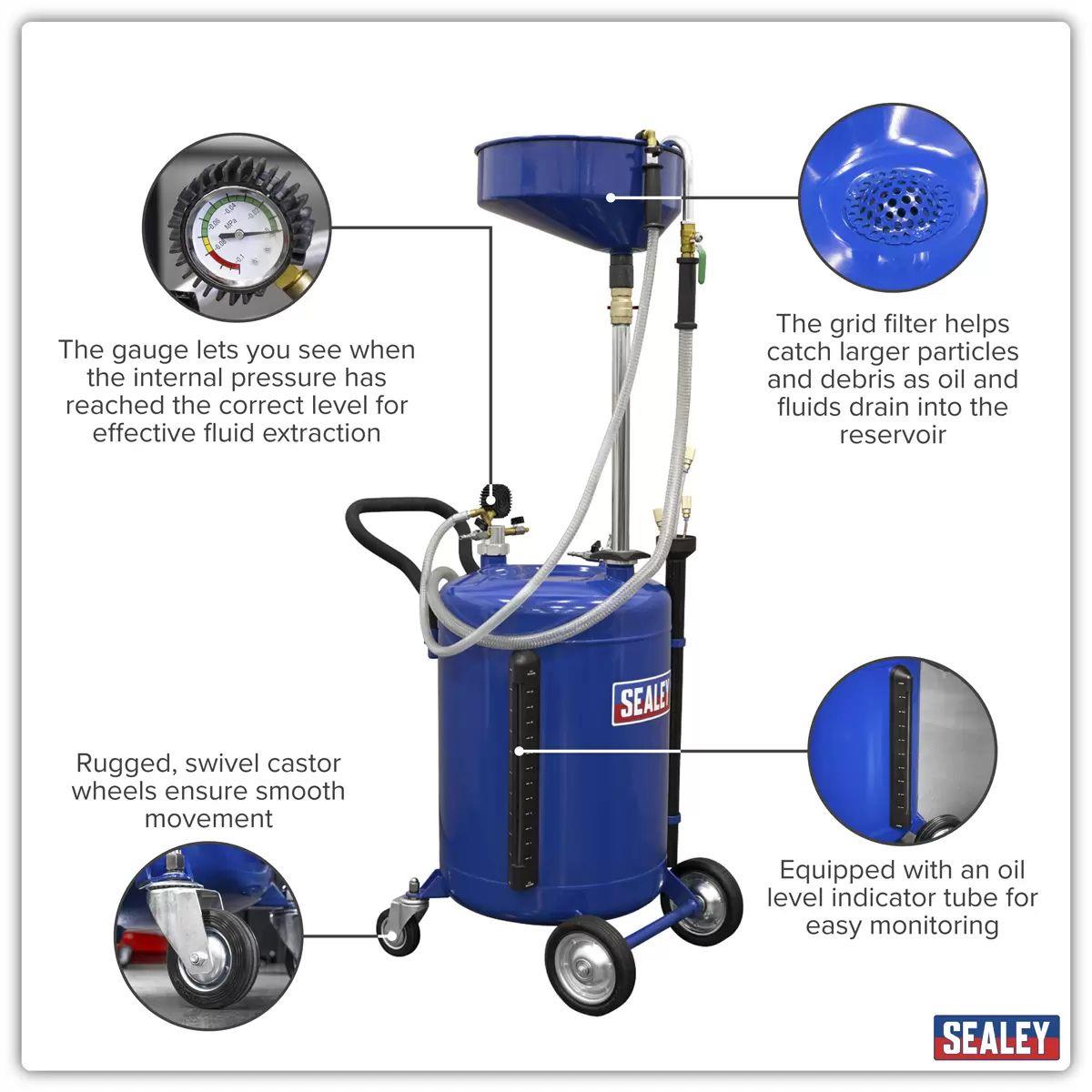 Sealey AK459DX 90L Air Discharge Mobile Oil Drainer with Probes