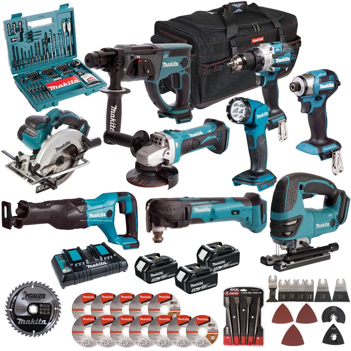 Makita 18V 9 Piece Combo Kit with 3 x 5.0Ah Battery Charger & Accessories Set T4TKIT-17229