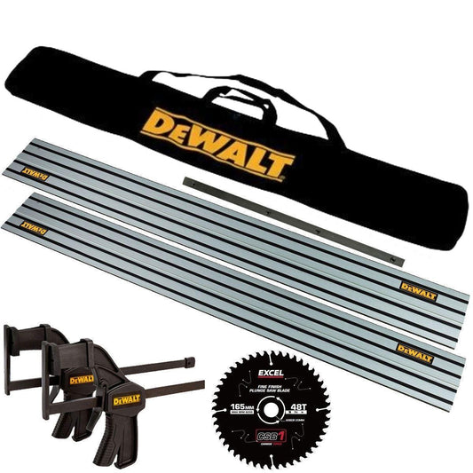 DeWalt Plunge Saw Kit 1.5m Guide Rail, Rail Bag, Connector, Twin Clamp, 48T Blade