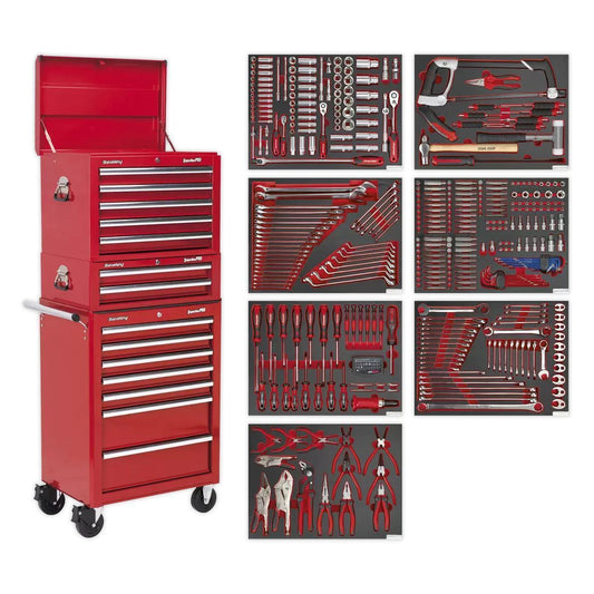 Sealey TBTPCOMBO1 Tool Chest Combination 14 Drawer with Ball Bearing Slides Red & 446pc Tool Kit