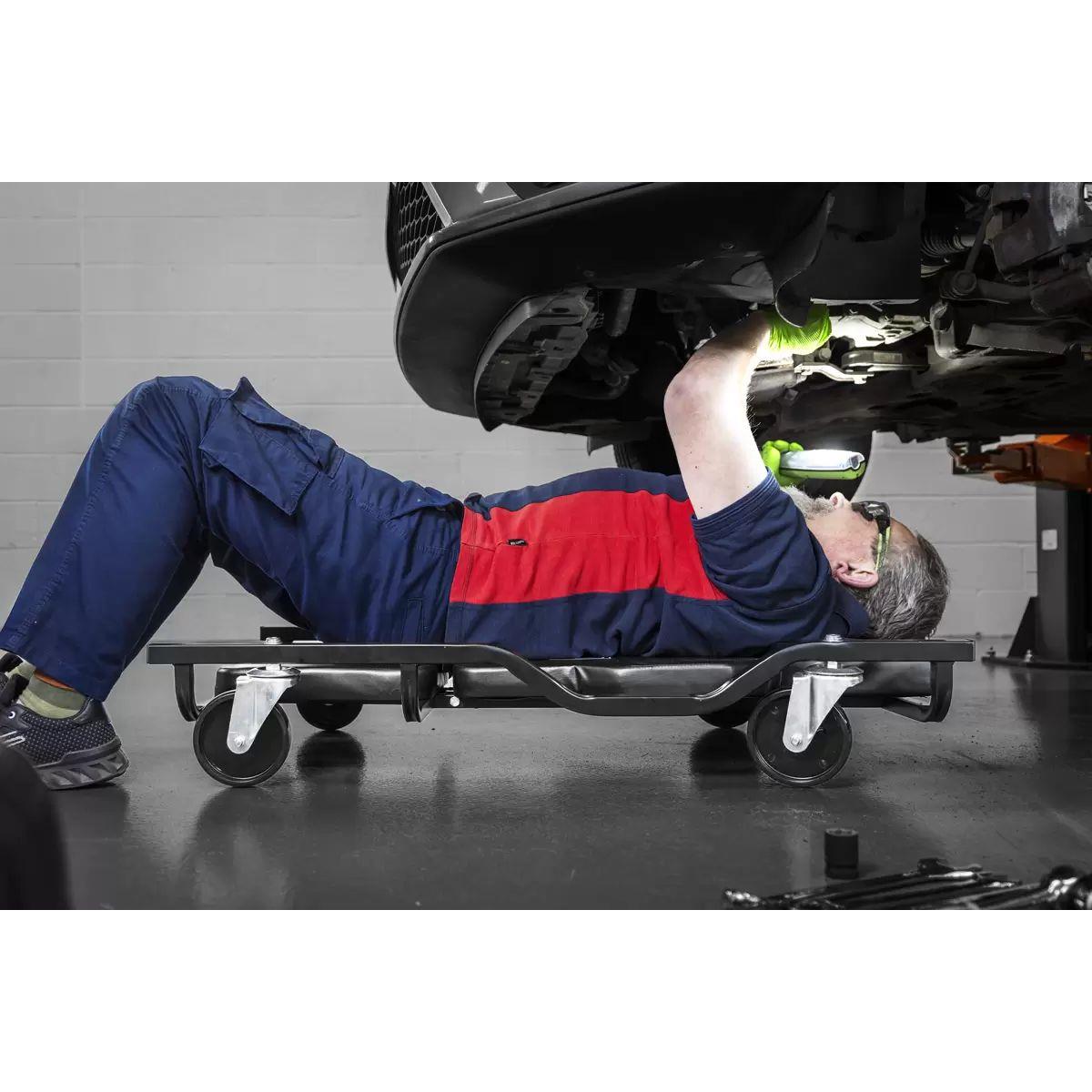 Sealey SCR101S Steel Creeper with 4 Rough Ground 5 Inch Wheels & Adjustable Back/Headrest