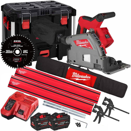 Milwaukee M18FPS55-0P 18V 165mm Fuel Brushless Plunge Saw with 2 x 12.0Ah Battery Blade & Guide Rail Kit