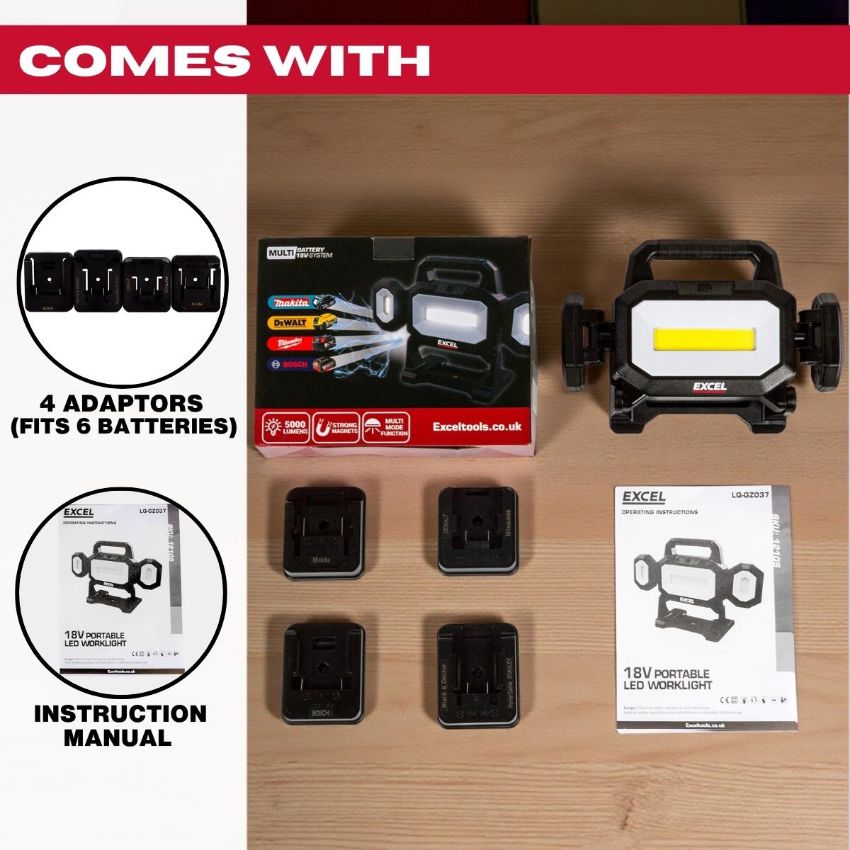 Excel 18V LED Work Light 5000 Lumens with Multi-Brand Battery Compatiblity