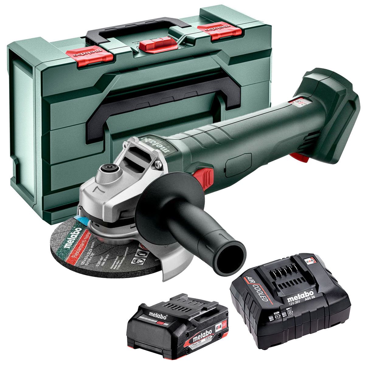 Metabo W 18 L 9-125 18V 125mm Angle Grinder with 1 x 2.0Ah Battery Charger & Metabox