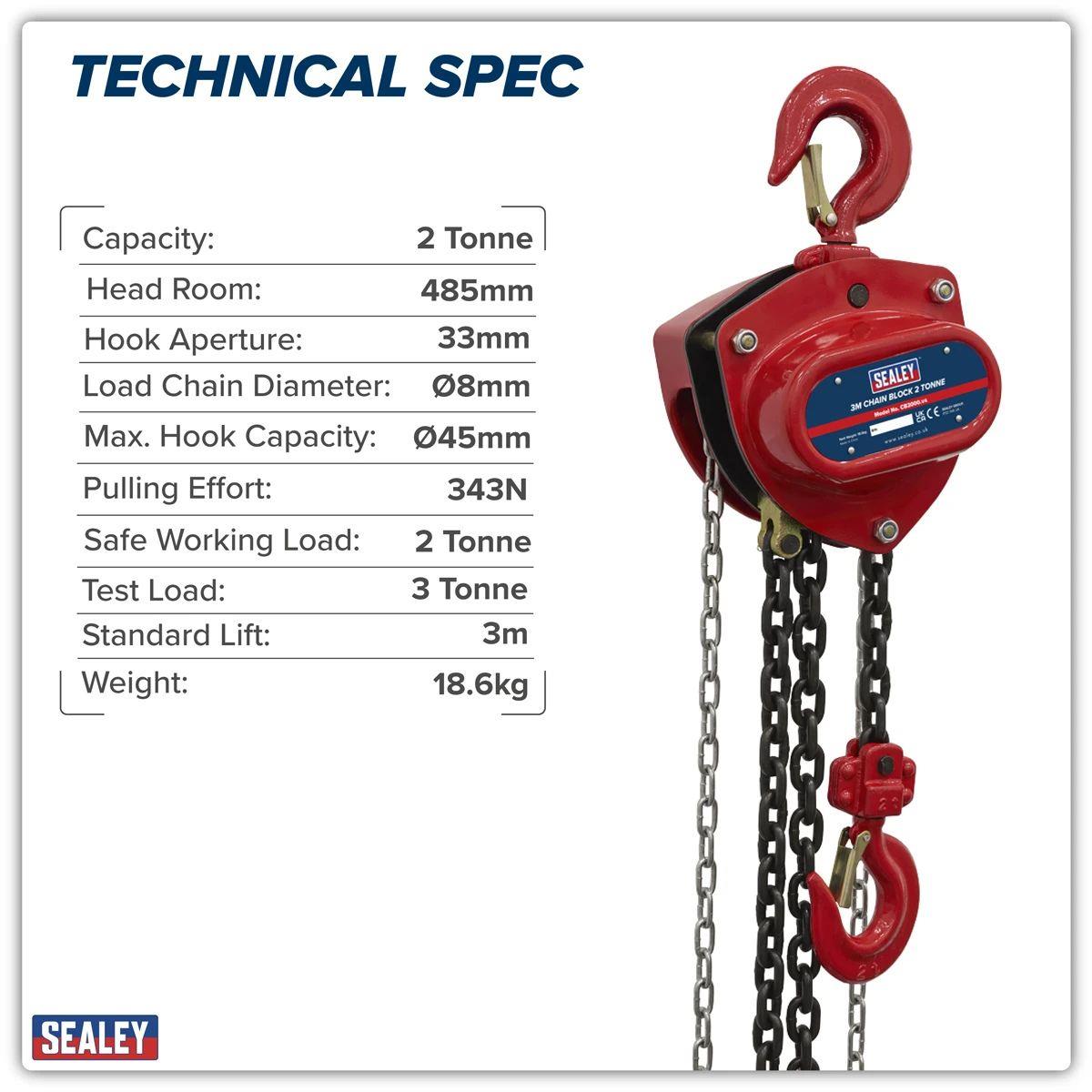 Sealey CB2000 2 Tonne Chain Block 3m Drop