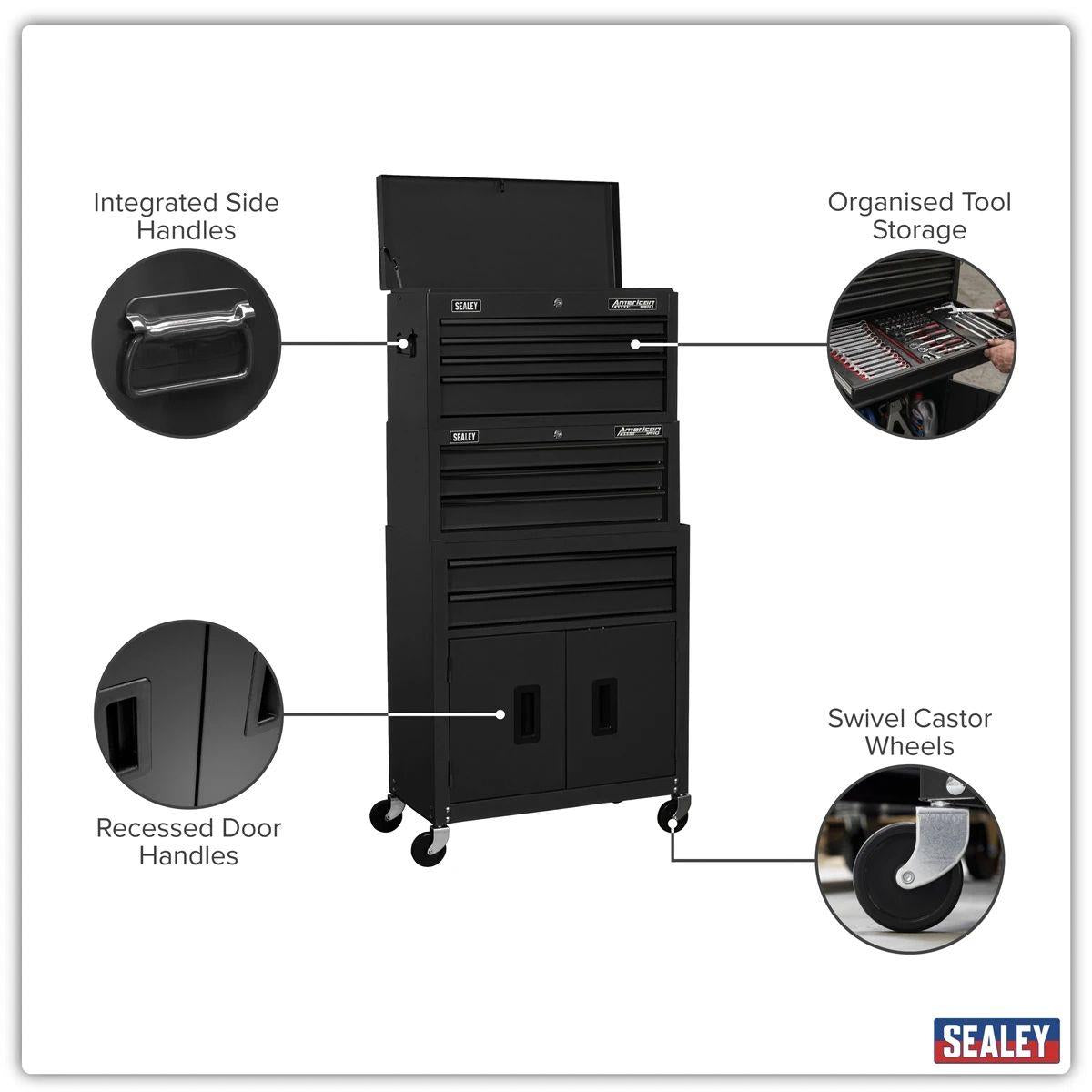 Sealey AP2200BKSTACK American PRO Topchest, Mid-Box Tool Chest & Rollcab Stack 9 Drawer Black