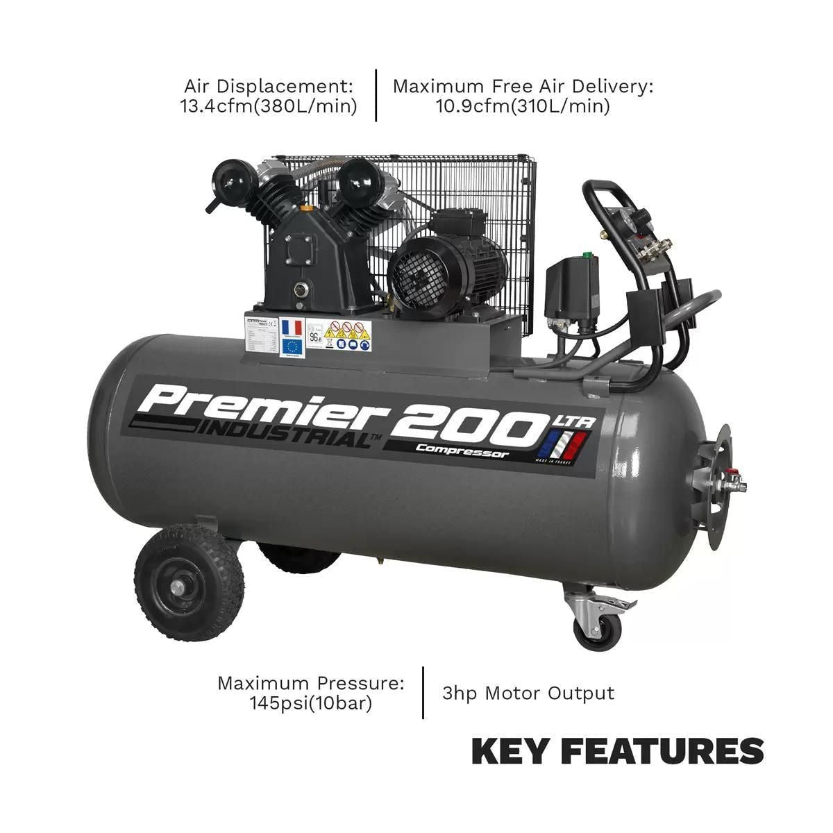 Sealey SAC3203B 200L Belt Air Compressor 3hp with Front Control Panel 230V/16A