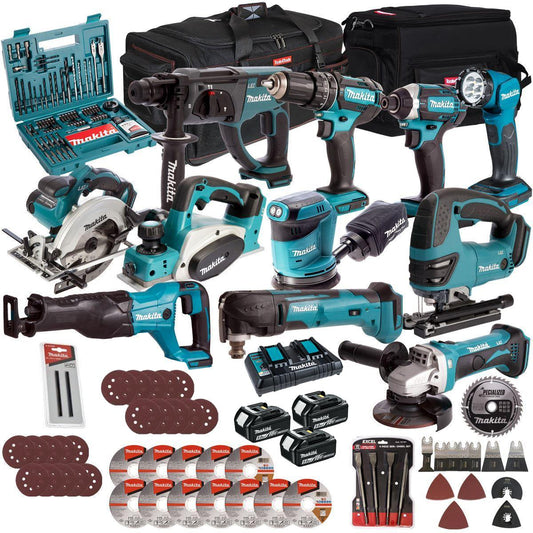 Makita 18V 11 Piece Power Tool Kit with 3 x 5.0Ah Battery Charger & Accessories Set T4TKIT-17215