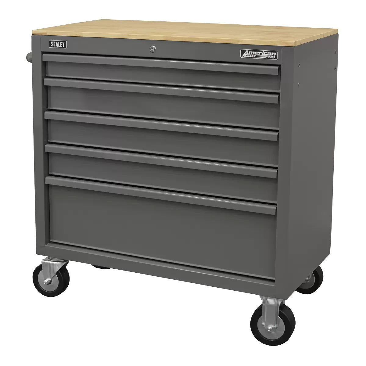 Sealey APMWS1G American PRO Mobile Workstation with Wooden Worktop 5 Drawer Grey