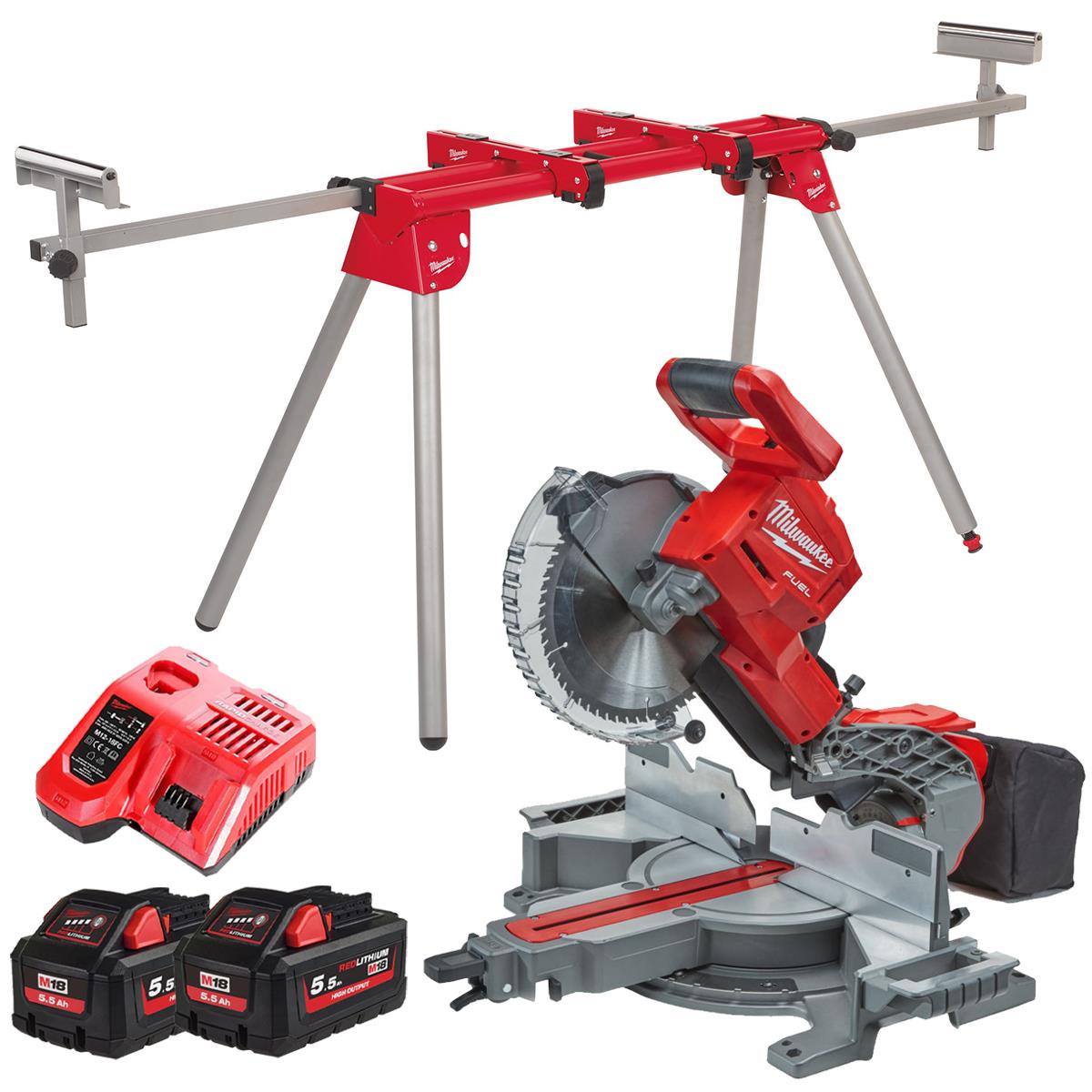 Milwaukee M18FMS254-0 18V FUEL Brushless 254mm Compound Mitre Saw with 2 x 5.5Ah Batteries Charger & Extendable Saw Stand