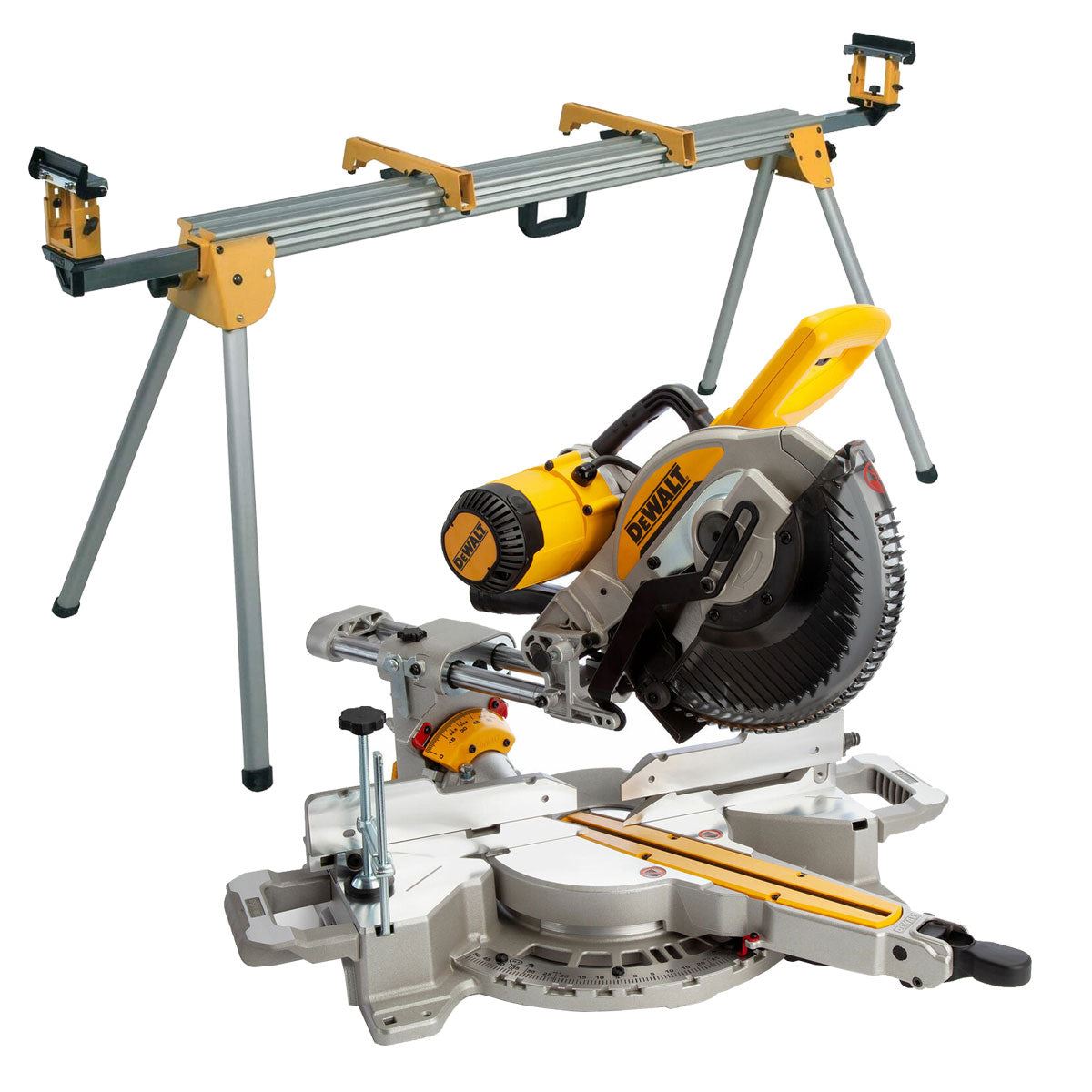 Dewalt DWS727-LX 250mm Double Bevel Slide Mitre Saw XPS 110V/1675W With Leg Stand