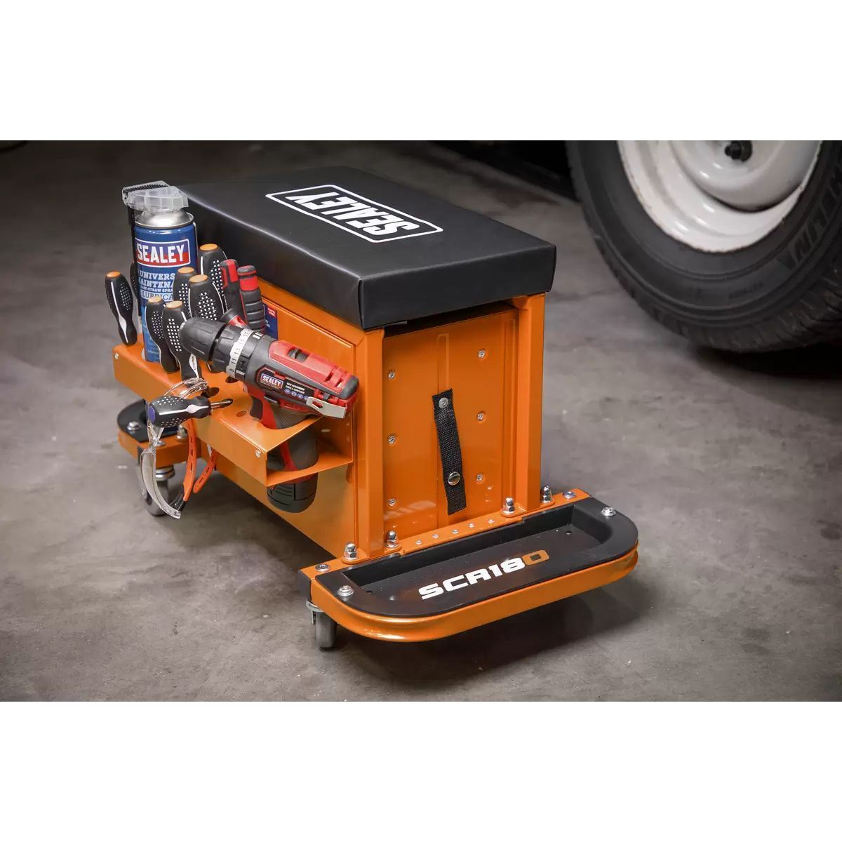 Sealey SCR18O Mechanic's Utility Seat & Toolbox-Orange