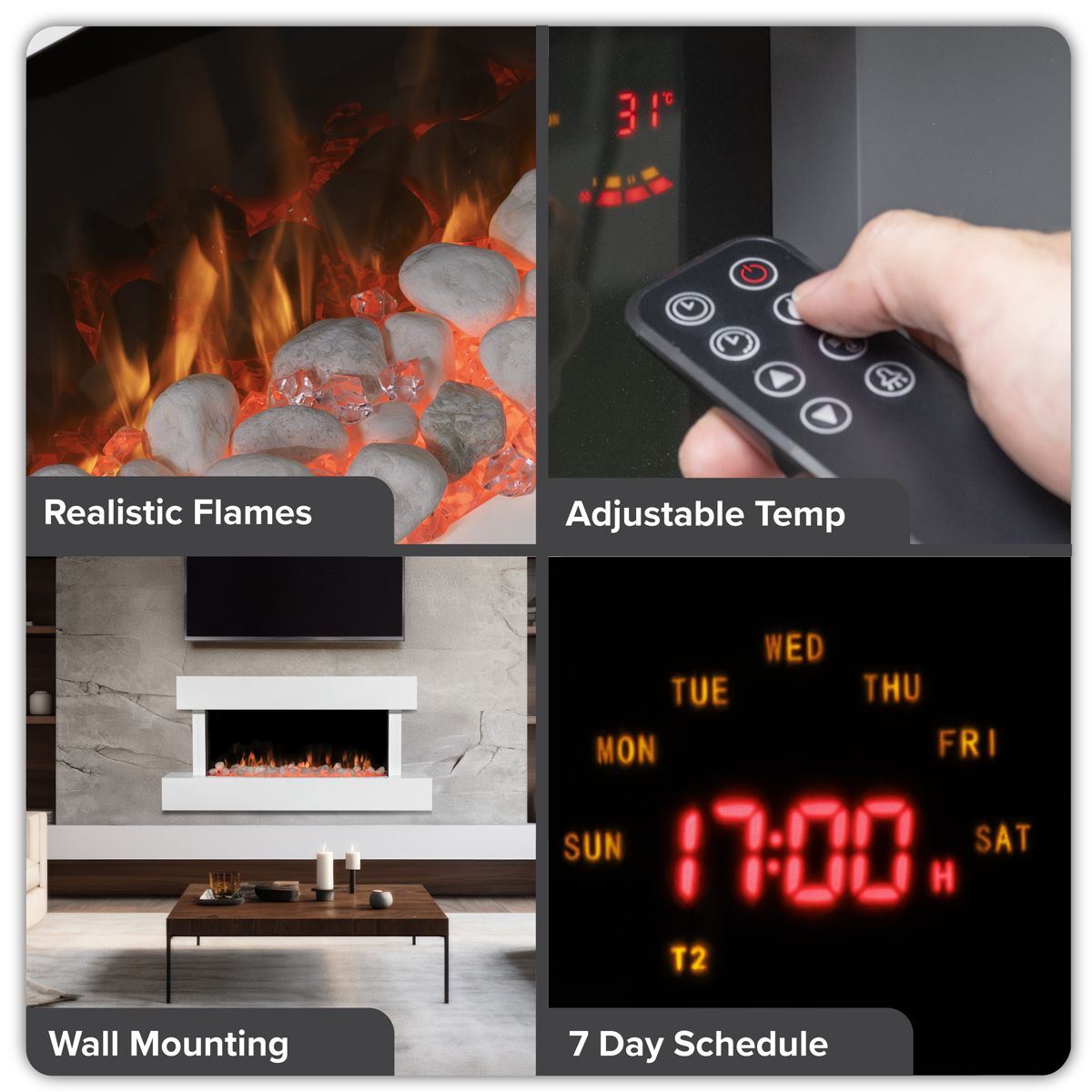 Sealey DH113 Baridi Wall Mounting Electric Fireplace with LED Flame Effect 46