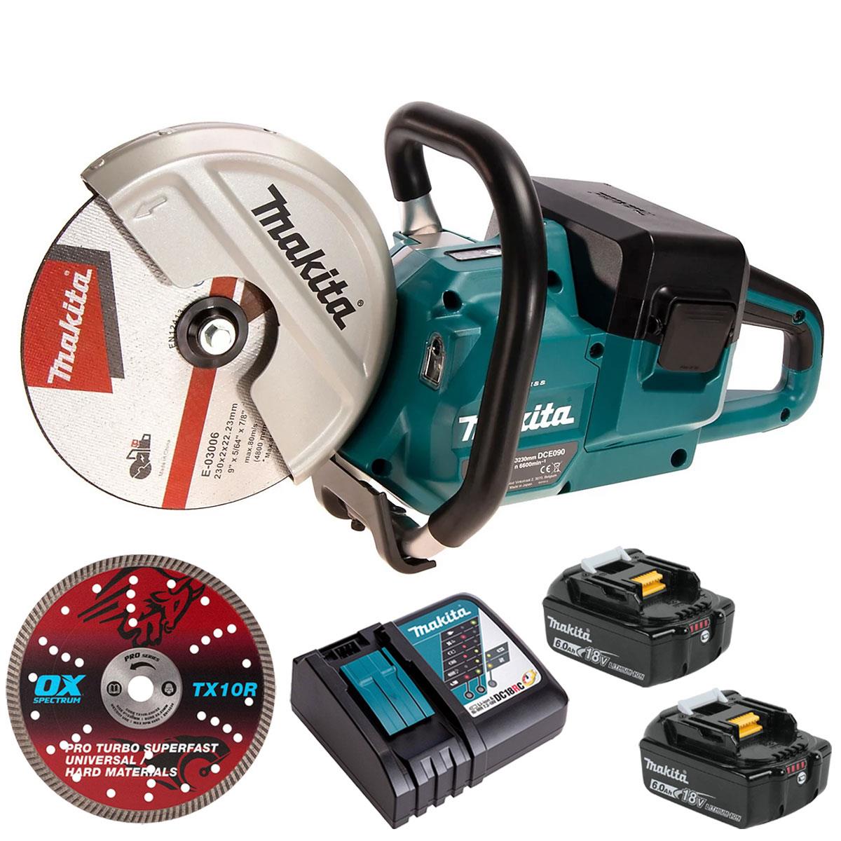 Makita DCE090ZX1 36V LXT 230mm Brushless Disc Cutter with 2 x 5.0Ah Battery Charger & Diamond Blade