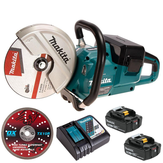 Makita DCE090ZX1 36V LXT 230mm Brushless Disc Cutter with 2 x 5.0Ah Battery Charger & Diamond Blade