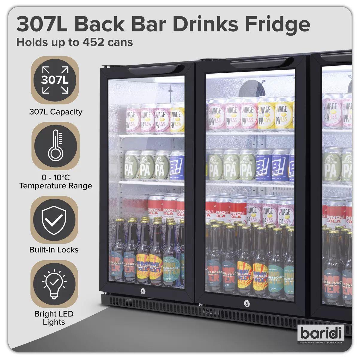 Sealey DH336 Baridi Back Bar Drinks Fridge/Cooler with Triple Hinged Door & Security Lock 307L Black 240V