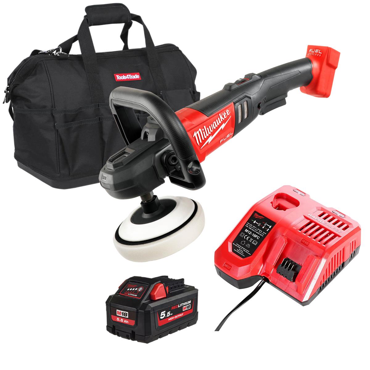 Milwaukee M18FAP180-0 18V 180mm Fuel Brushless Polisher with 1 x 5.5Ah Battery Charger & Bag