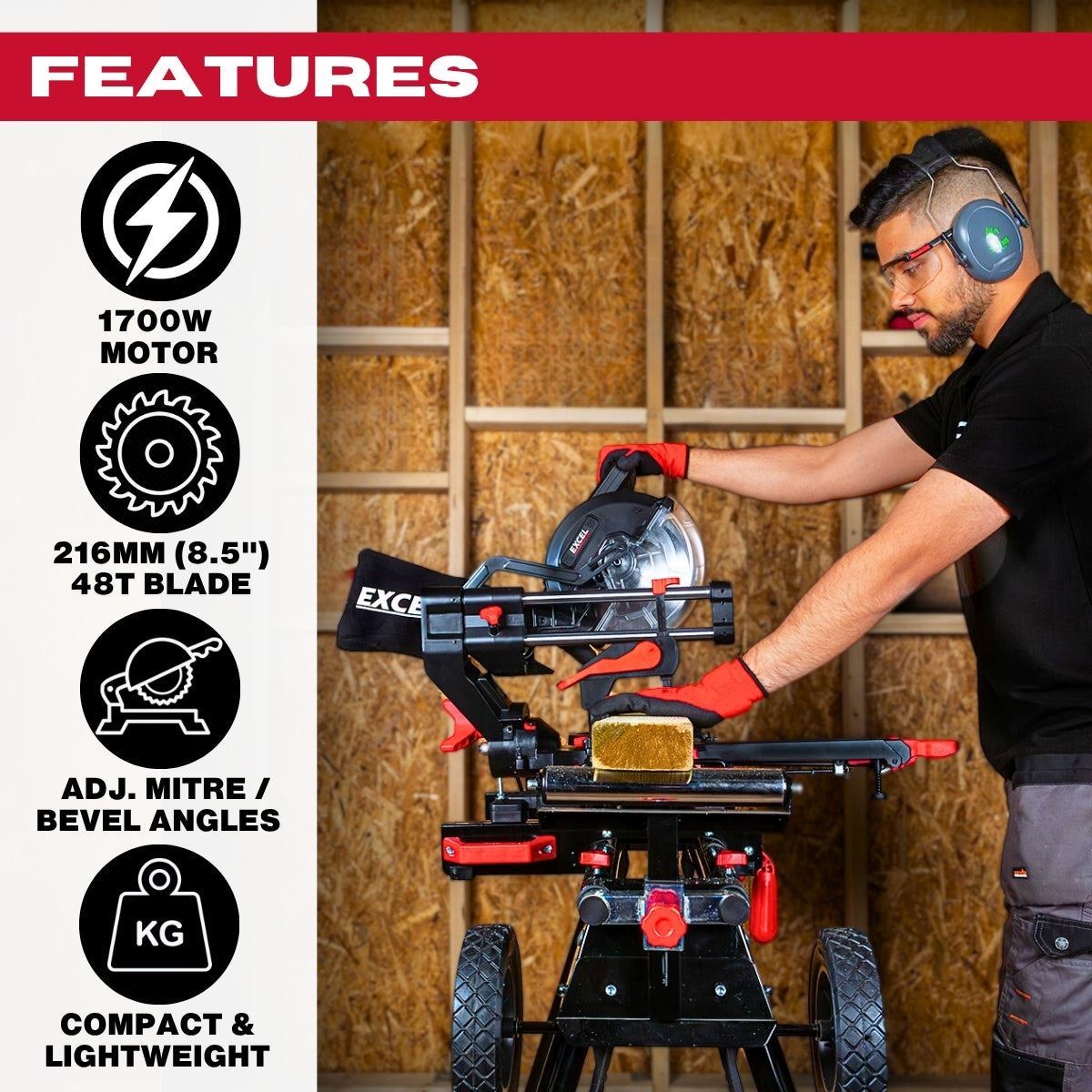 Excel 216mm Sliding Mitre Saw with LED Light & 48T Blade 240V/1700W Item Condition Damaged Box