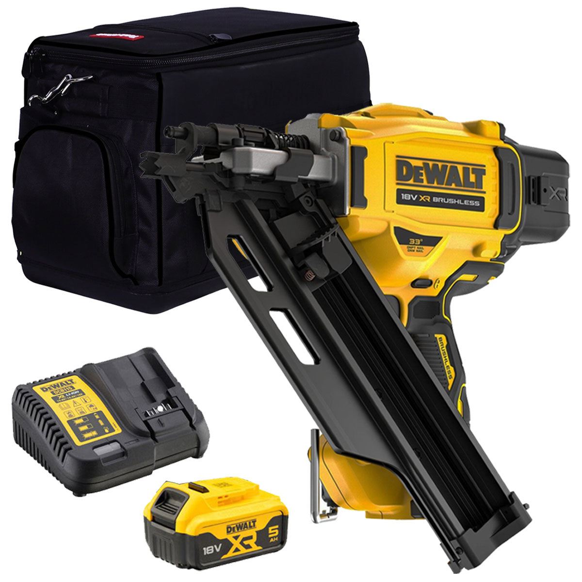 DeWalt DCN930N 18V Brushless First Fix 90mm Framing Nailer with 1 x 5.0Ah Battery Charger & Bag