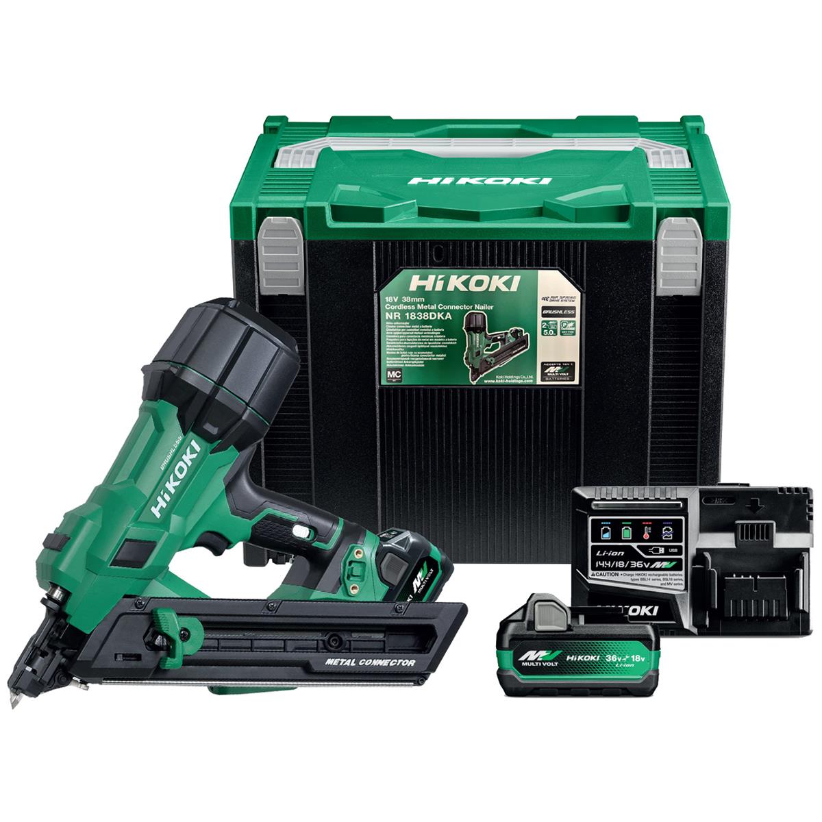 HiKOKI NR1838DKAJXZ 18V Brushless 38mm Metal Connector Nailer with 2 × 2.5/5.0Ah Battery, Charger & Case