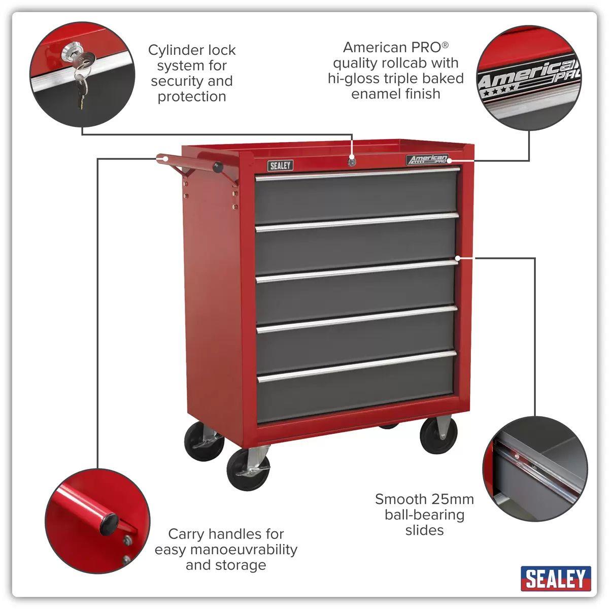 Sealey AP22505BB Rollcab 5 Drawer with Ball Bearing Slides Red/Grey