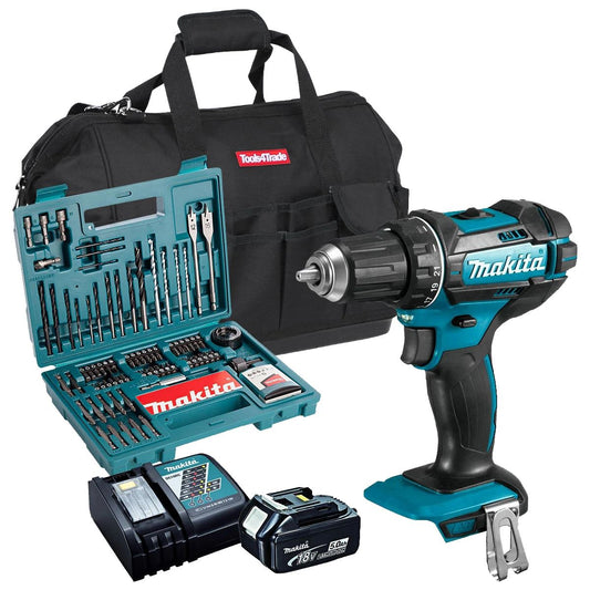 Makita DHP482Z 18V Combi Drill with 1 x 5.0Ah Battery + Charger + Accessories & Tool Bag