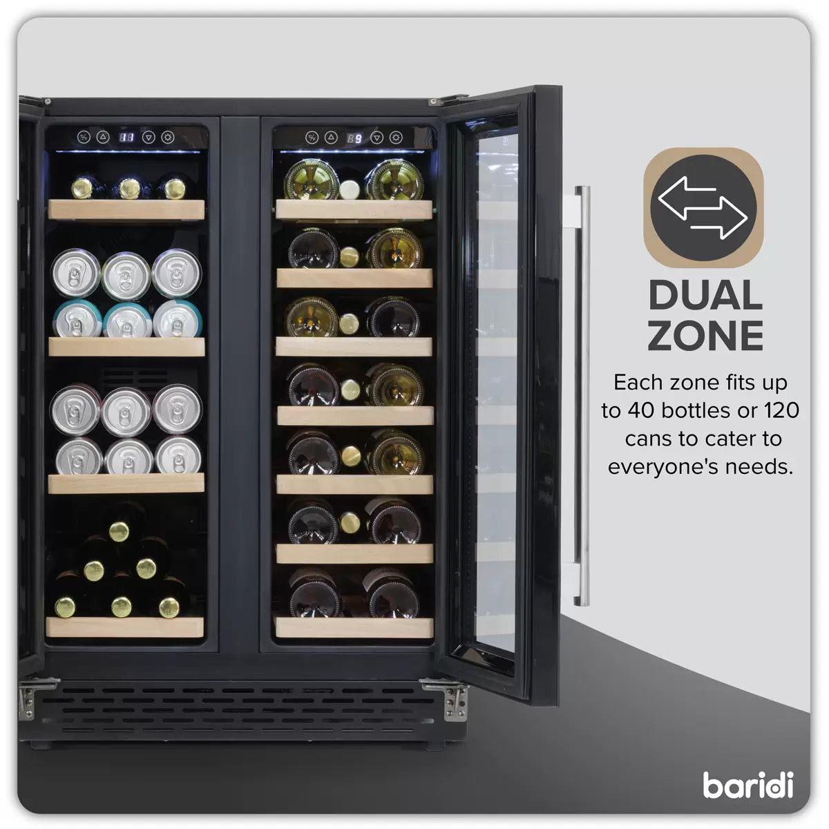 Sealey DH96 Baridi 40 Bottle/120 Can Dual Zone Undercounter/Freestanding Wine & Drinks Fridge Black 230V