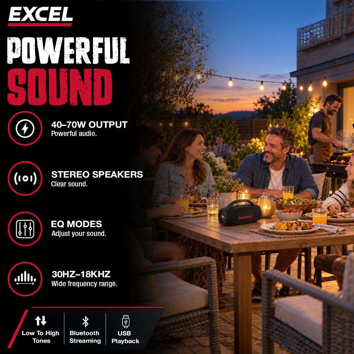 Excel Jobsite Bluetooth Speaker 40-70W IPX6 Waterproof with Auracast