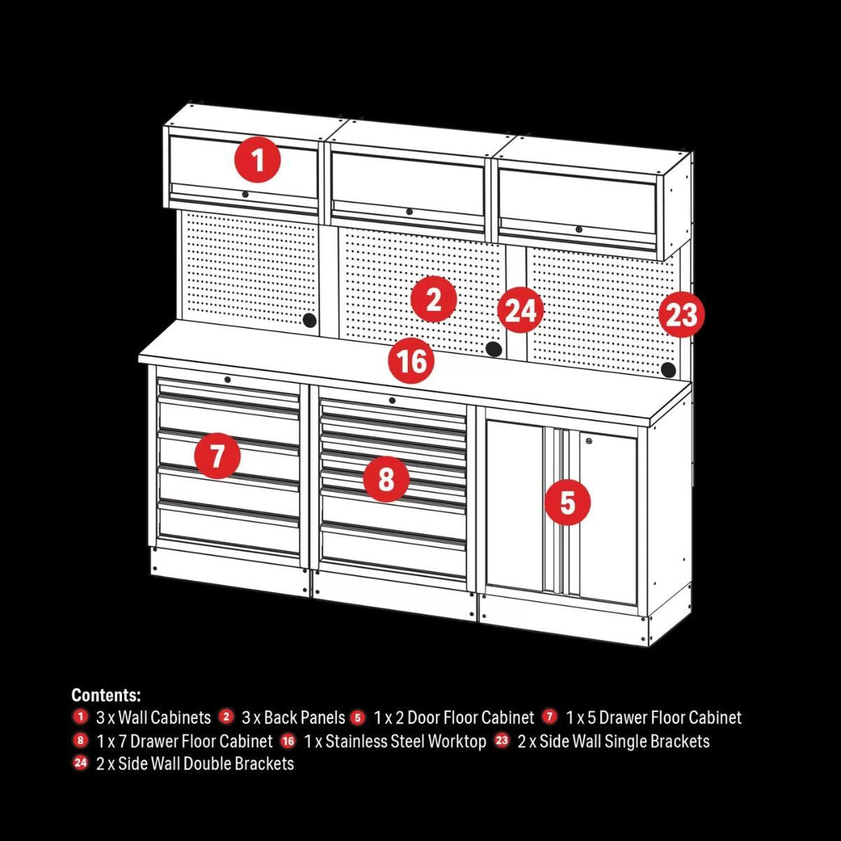 Draper MS400COMBO/14B BUNKER Modular Storage Combo with Stainless Steel Worktop 14 Piece 04415