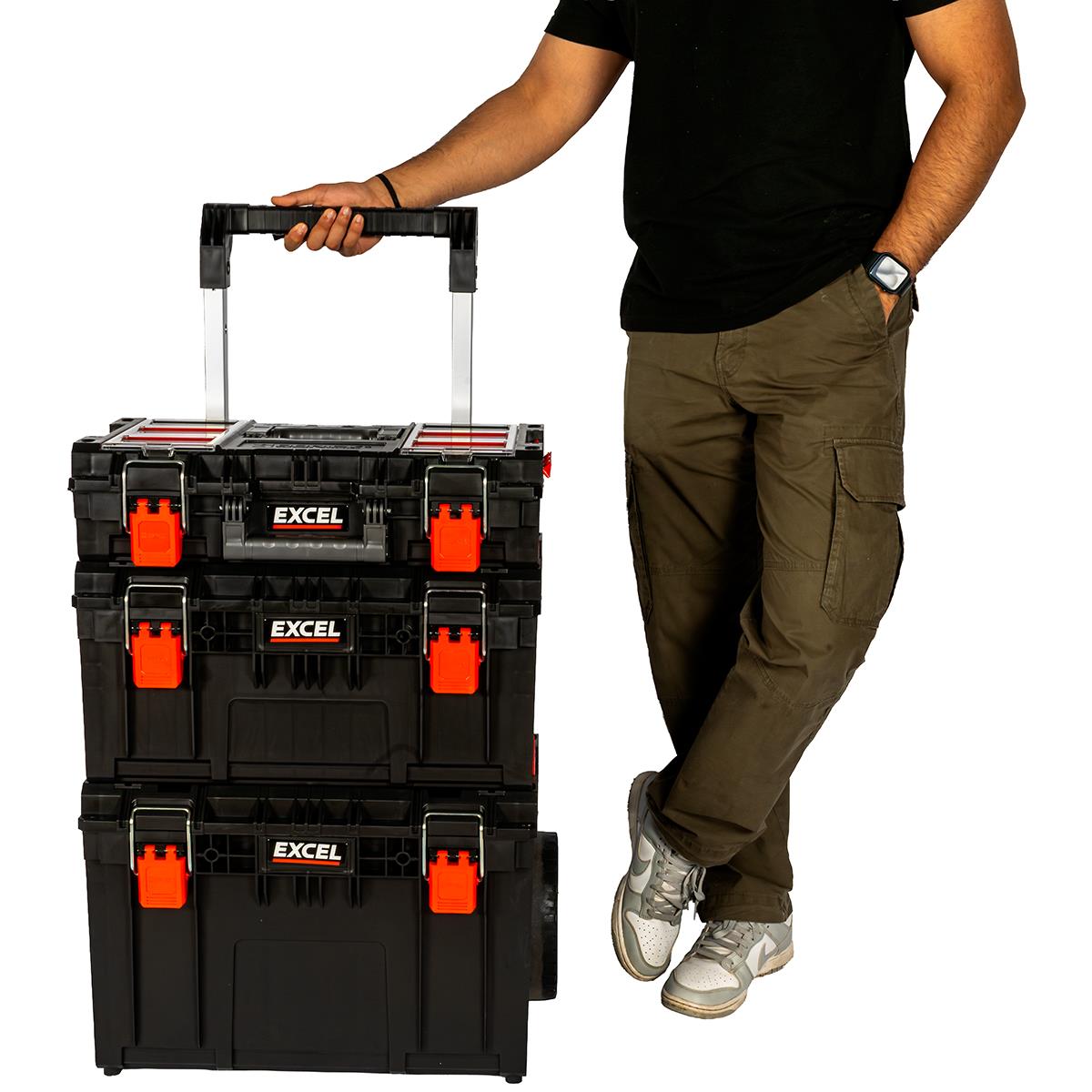 Excel Modular Tool Box Heavy Duty Mobile Storage 3 Piece Set with Wheels