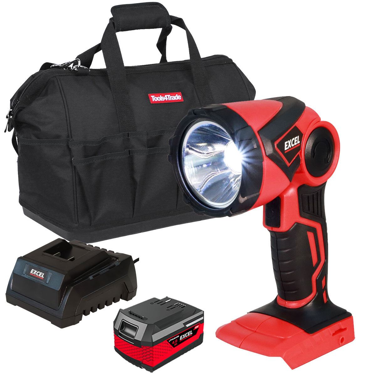 Excel 18V Cordless LED Flashlight Torch with 1 x 4.0Ah Battery Charger & 18