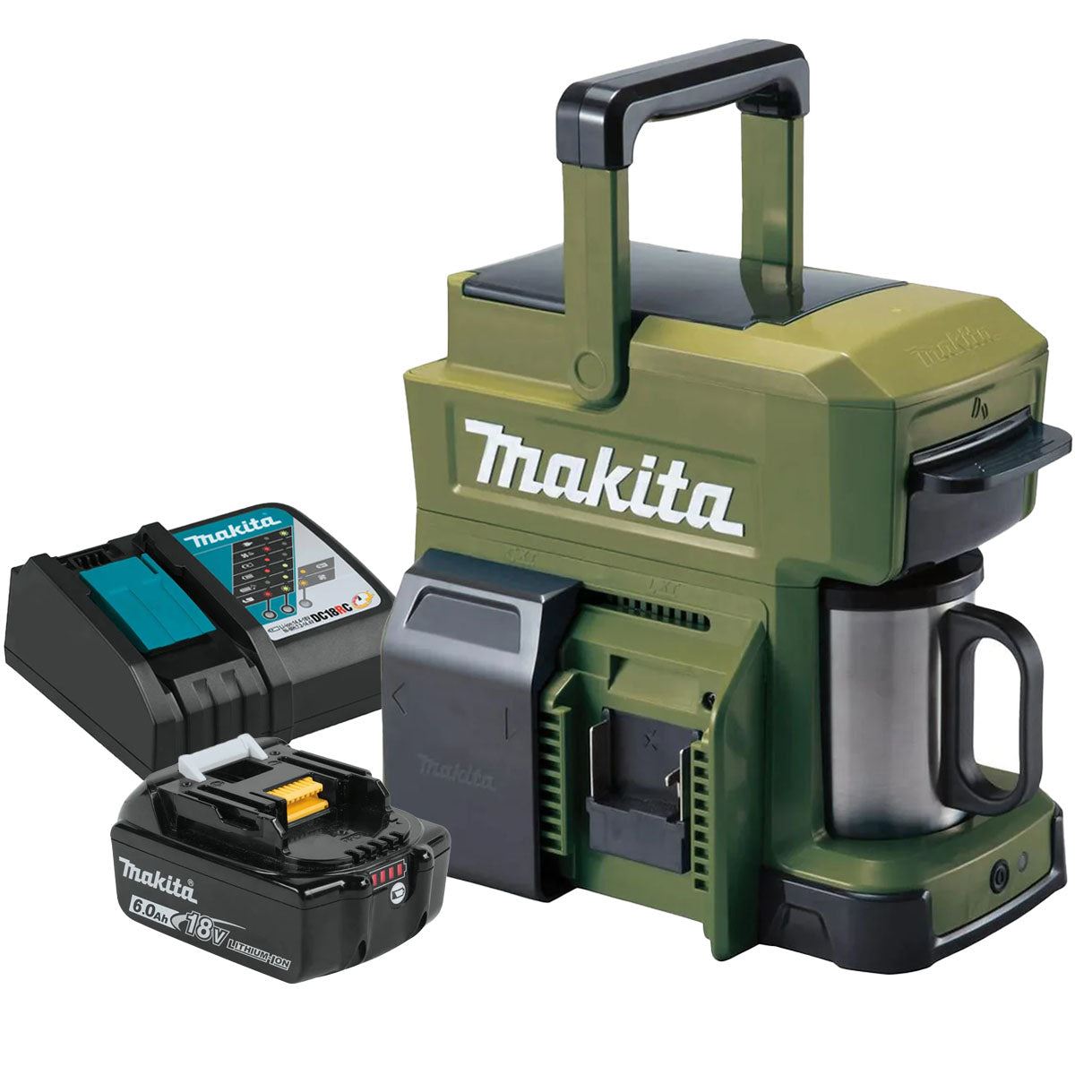 Makita DCM501ZO 10.8V CXT / 18V LXT Cordless Olive Green Coffee Maker with 1 x 6.0Ah Battery & Charger