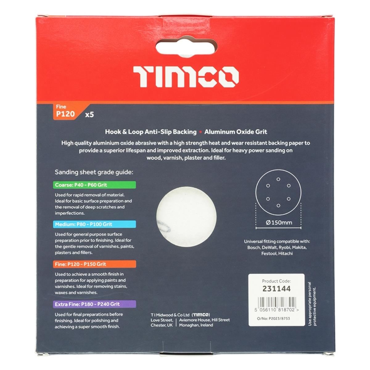 Timco 150mm Hook & Loop Random Orbital Sanding Discs 120 Grit Pack of 5 - 231144