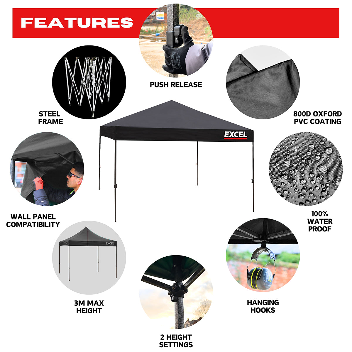 Excel Steel Gazebo 3m x 3m Black with Storage Bag & Rope