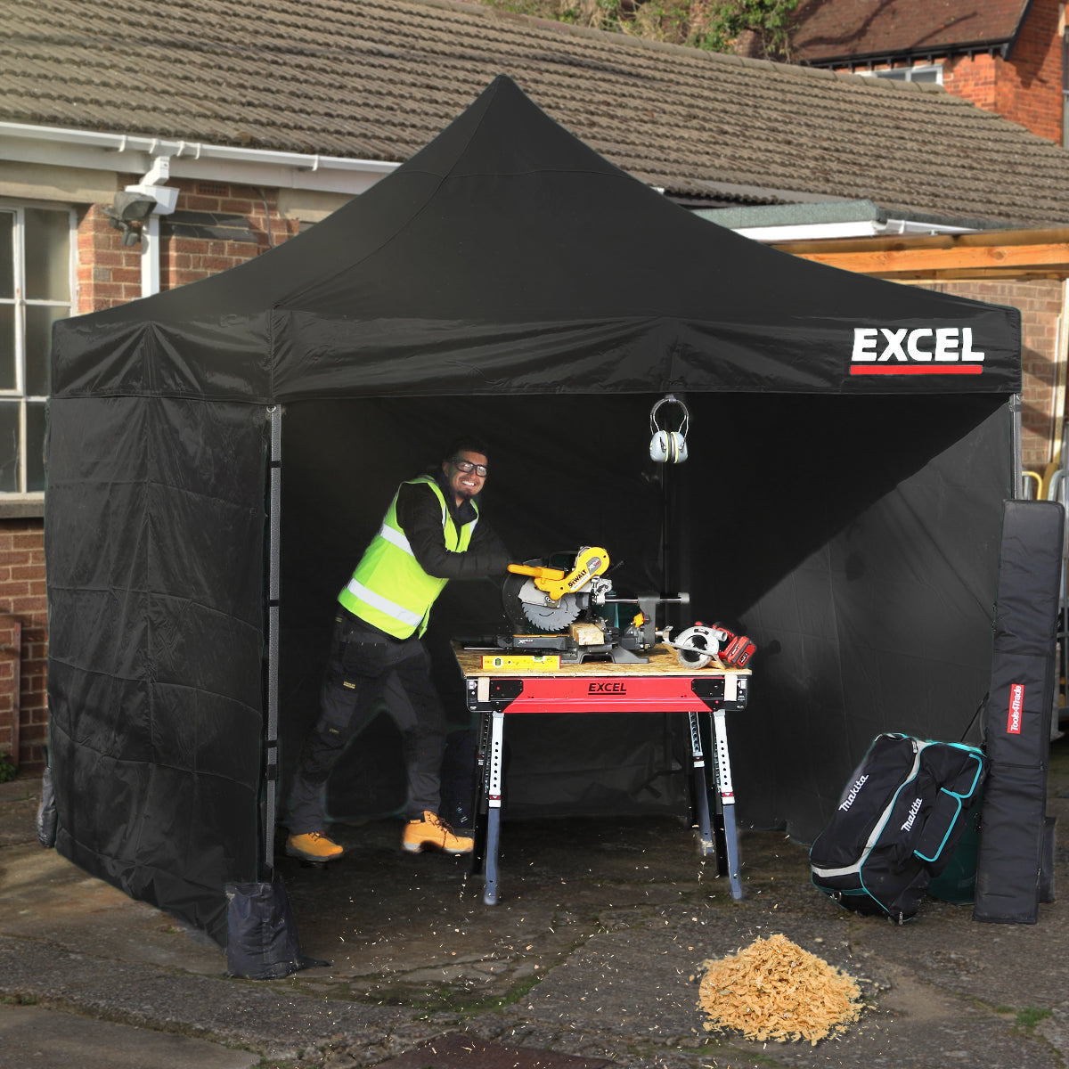 Excel Steel Gazebo 3m x 3m Black with Wheel Bag, Wall panel, Sand Bag, Rope & Pegs