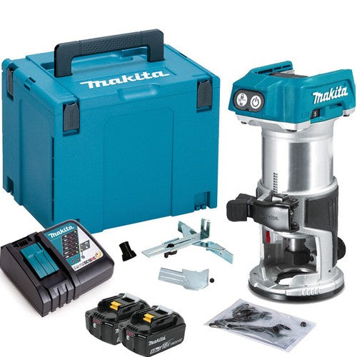 Makita DRT50ZJ 18V Brushless 1/4" Router Trimmer with 2 x 5.0Ah Battery & Charger in Case
