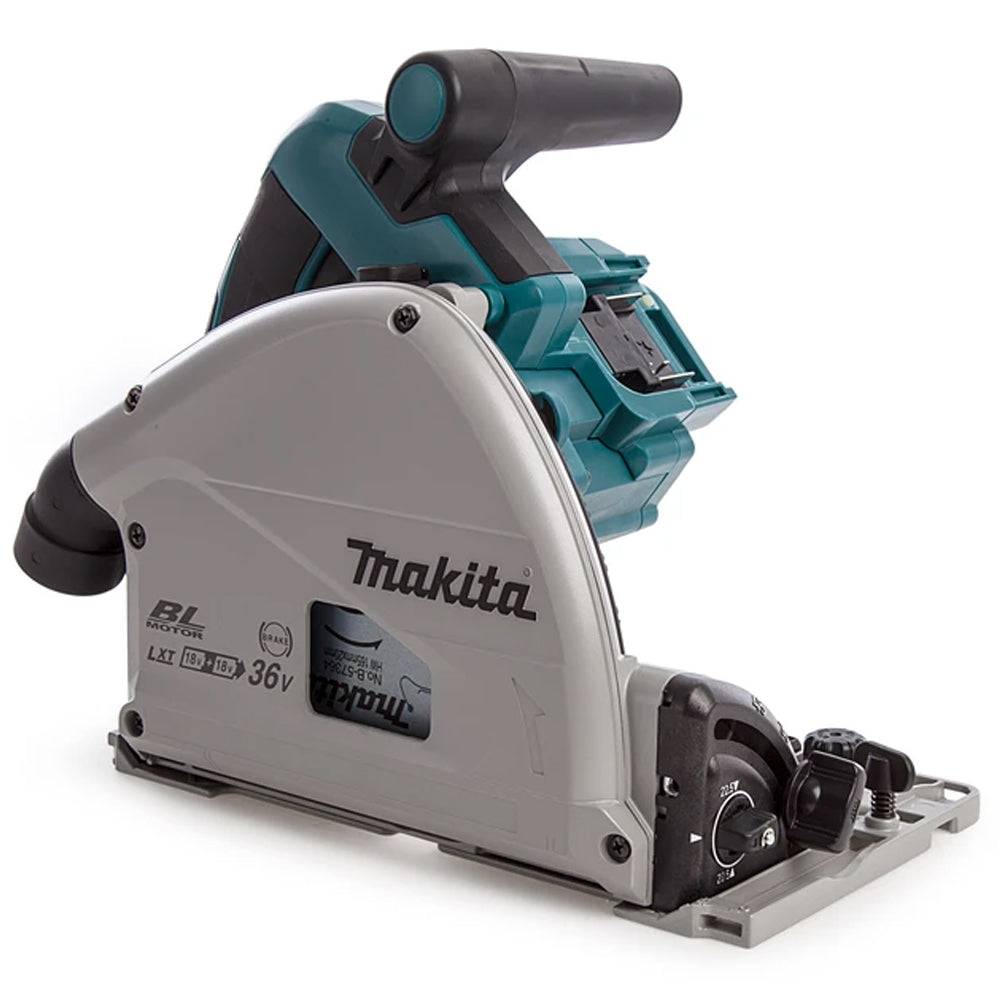 Makita DSP600ZJ 36V Brushless 165mm Plunge Saw with 2 x 1.5m Guide Rail & Case + Rail Bag