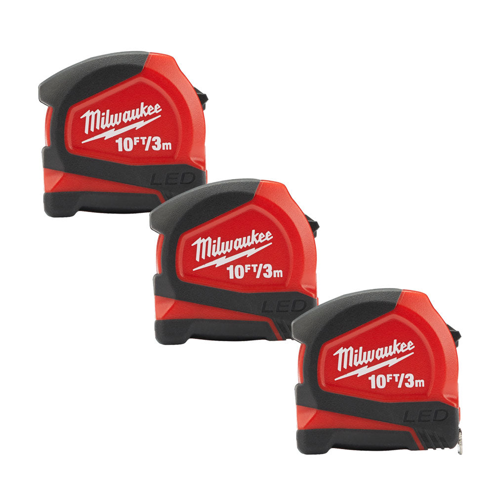 Milwaukee Magnetic LED Tape Measure 3m/10ft 48226602 Pack of 3