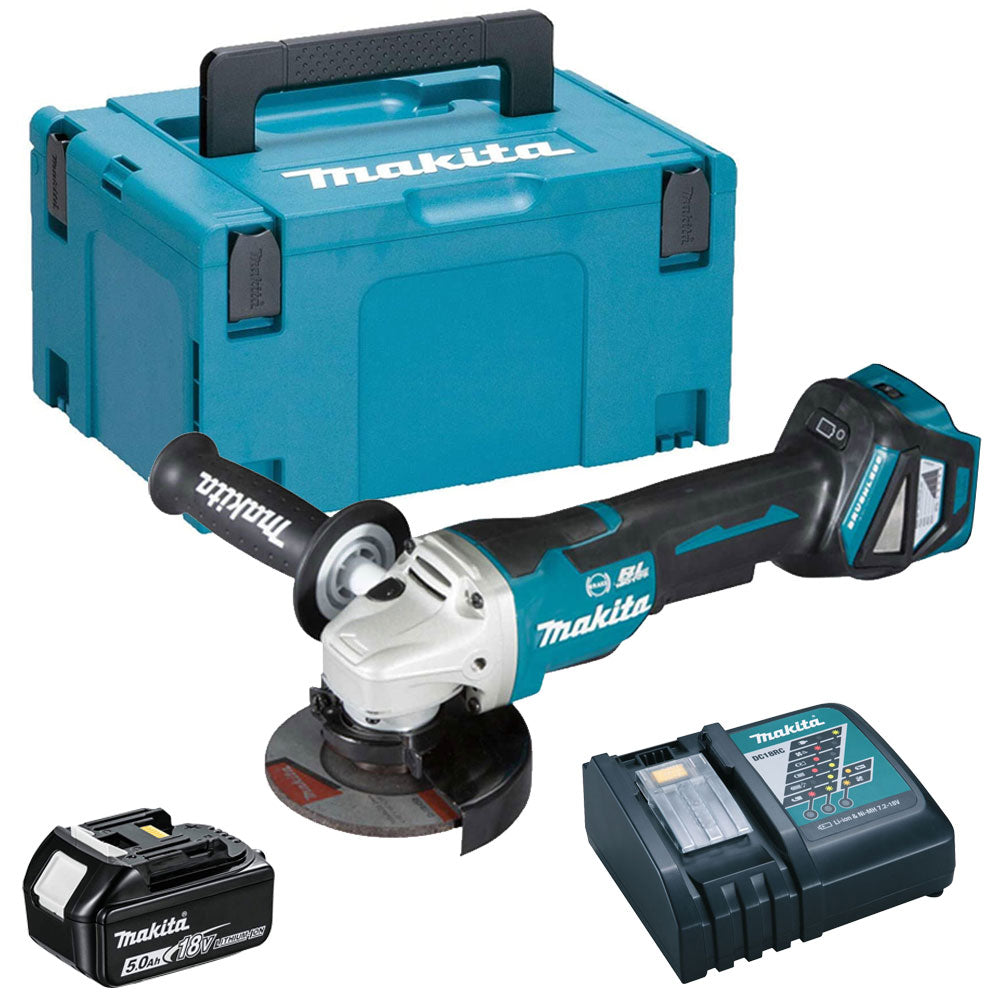 Makita DGA467Z 18V Cordless Brushless 115mm Angle Grinder With 1 x 5.0Ah Battery Charger & Type 3 Case