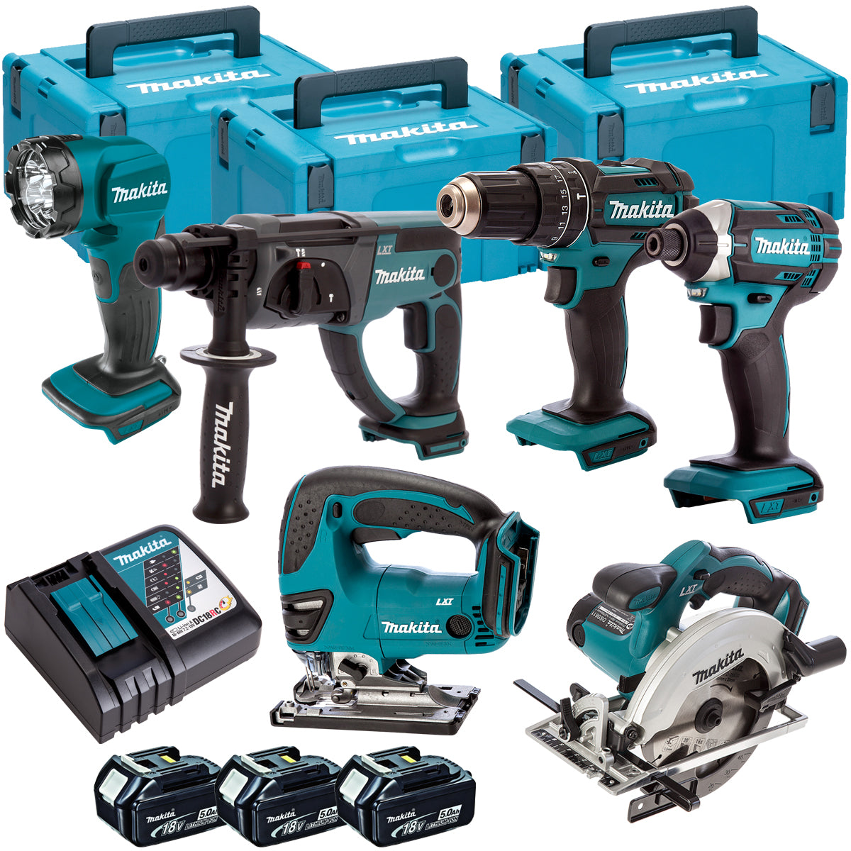 Makita 18V 9 Piece Combo Kit with 3 x 5.0Ah Batteries & Charger T4TKIT