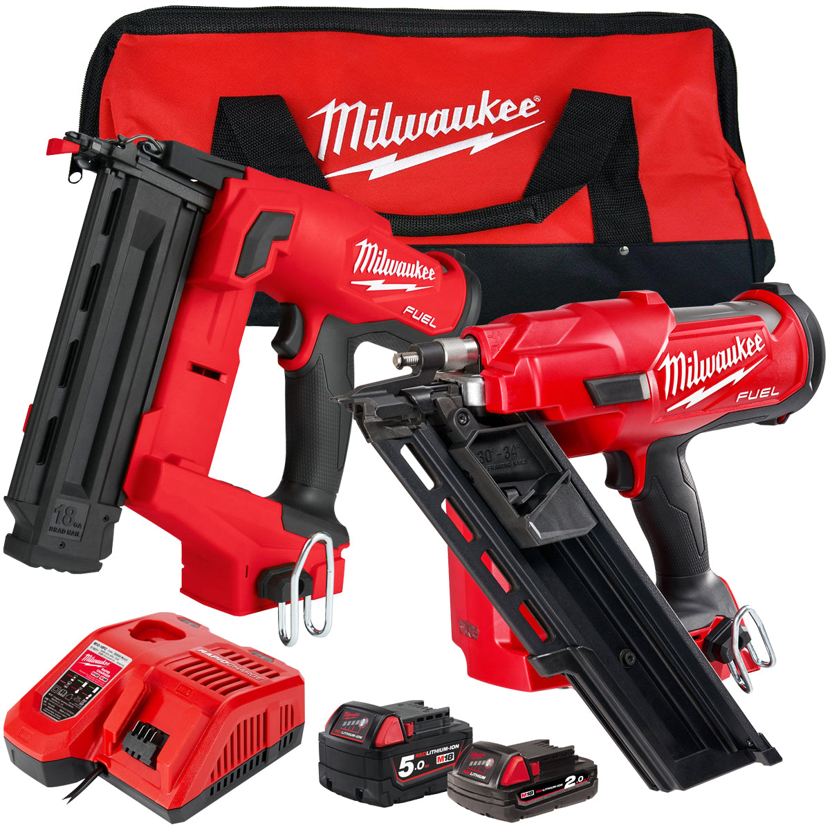 Milwaukee 18V M18 FPP2AR-522B Fuel Twin Pack Nailer with 1 x 5.0Ah & 2.0Ah Battery & Charger