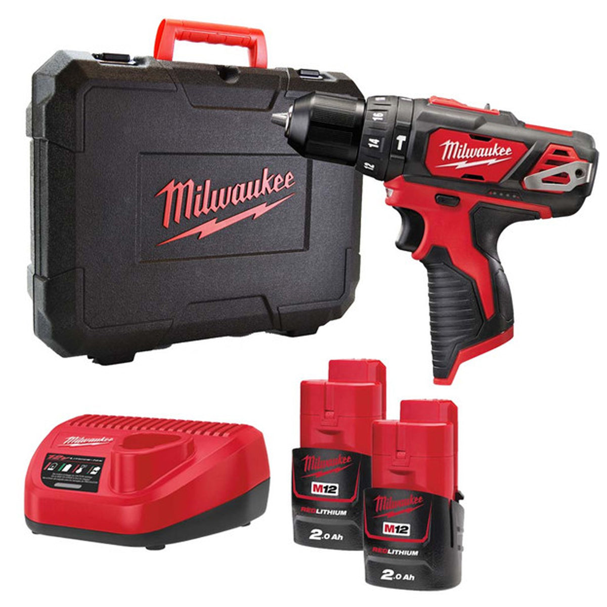 Milwaukee M12 BPD-202C 12V Combi Drill with 2 x 2.0Ah Batteries Charger & Case