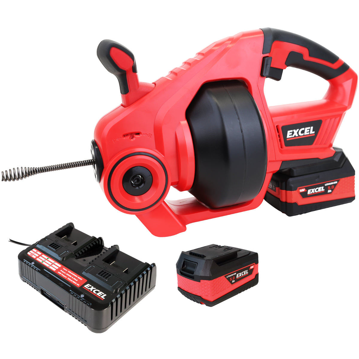 Excel 18V Cordless Drain Cleaner with 2 x 5.0Ah Battery & Charger