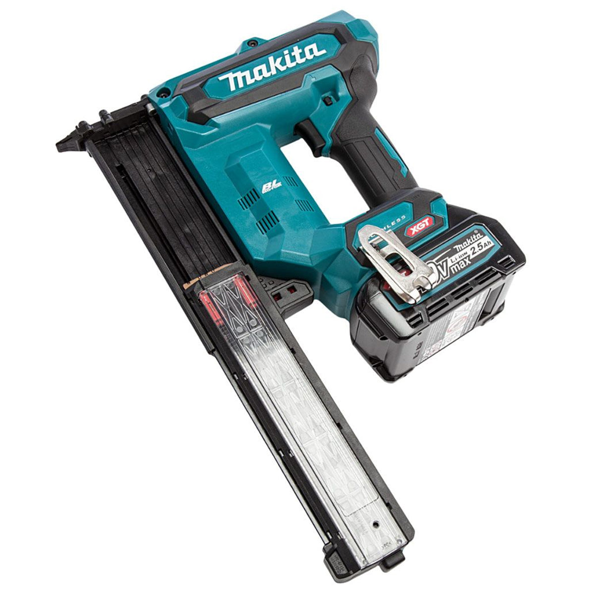 Makita FN001GD202 40V XGT Brushless Second Fix 18Ga Brad Nailer With 2 x 2.5Ah Battery Charger