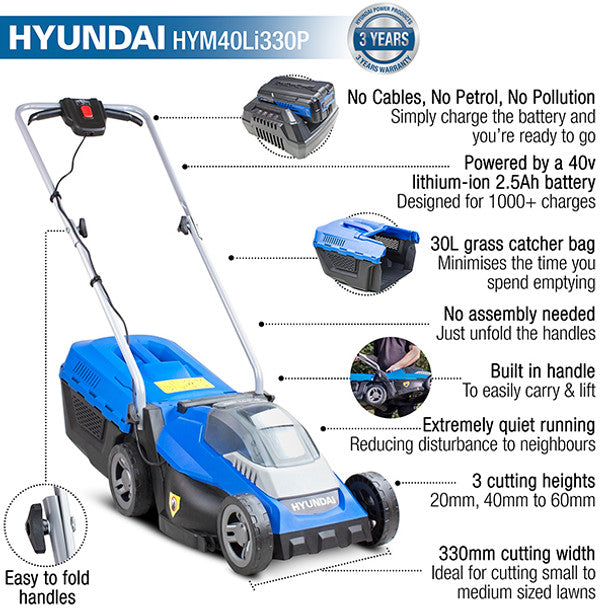 Hyundai HYM40LI330P 40V Cordless Lawnmower Rear Roller 32cm With 1 x 2.5Ah Battery Powered & Charger