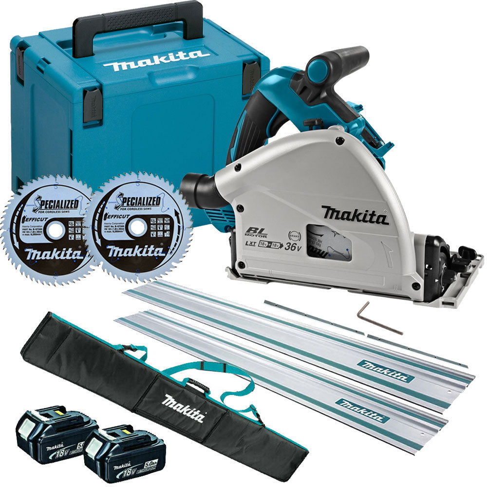 Makita DSP601ZJU 36V 165mm Brushless AWS Plunge Saw 2 x 5.0Ah & Accessories