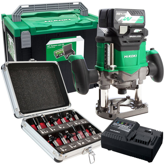 Hikoki M3612DAJPZ 36V Brushless Router 2.5Ah Battery Charger with 1/2" 12 Piece Cutter Set