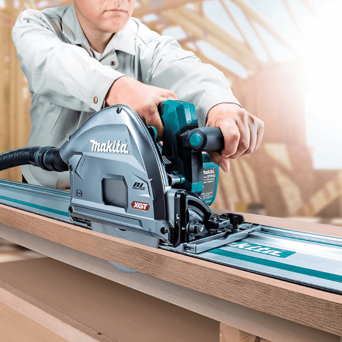 Makita SP001GZ03 40Vmax Brushless 165mm Plunge Saw with 2 x 1.5m Guide Rail & Case + Rail Bag