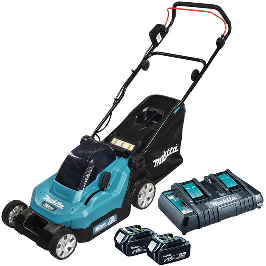 Makita DLM382CT2 36V 38cm Cordless Lawn Mower With 2 x 5.0Ah Batteries & DC18SH Twin Port Charger